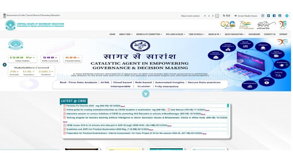 State, CBSE, ICSE Boards: A Guide to Choosing the Best for Your Child 1 A webpage with the Central Board of Secondary Education (CBSE) logo, displaying a dashboard with data points, KPIs covered, and sections like governance, decision-making, and education analytics. Contains menus like "About CBSE," "Schools," and "Dashboard."