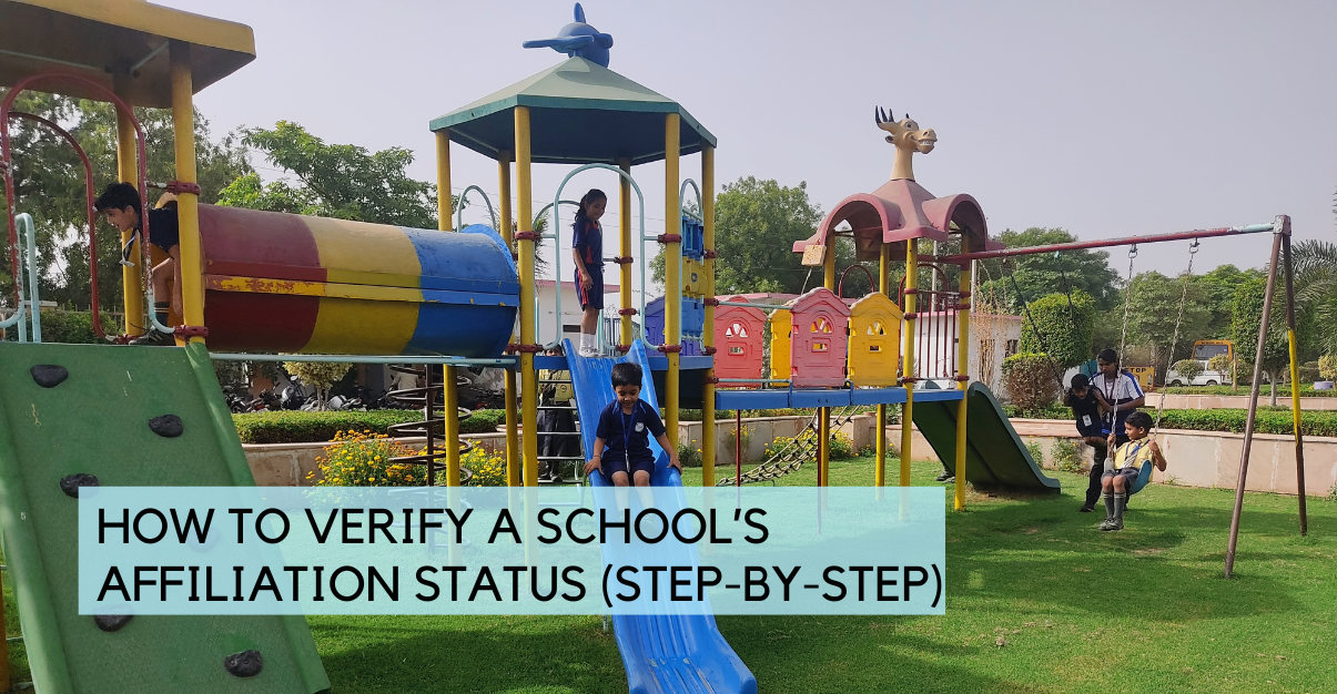 Children playing on colorful playground equipment at a school campus, with text overlay about verifying a school’s affiliation status.